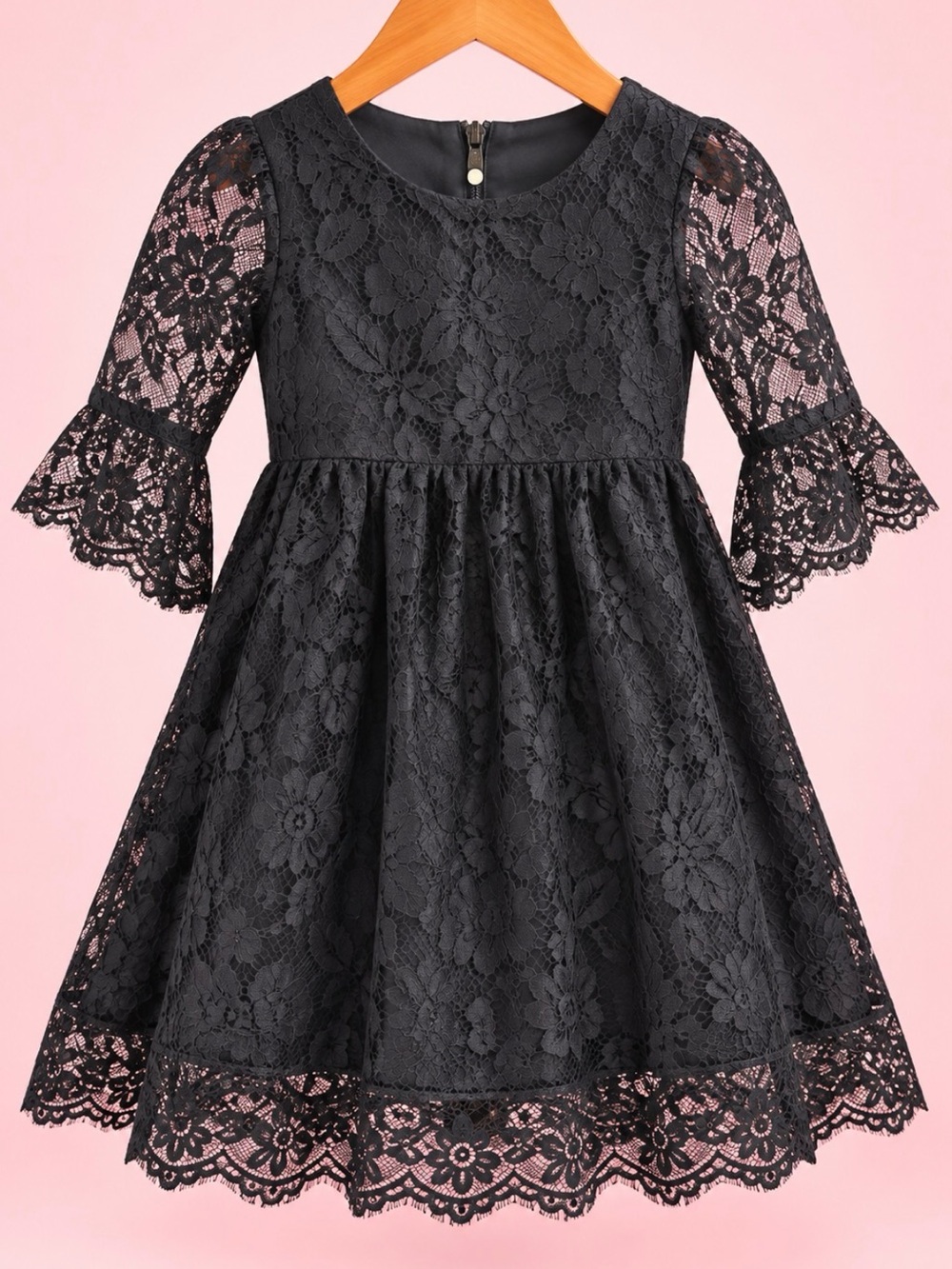 Girls Size 9 Black Floral Lace Bell Sleeve Fit & Flare Dress